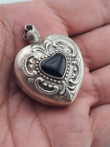 Antique 19th C Sterling Silver Pefume Bottle Heart Pendant Black Stone Inlay