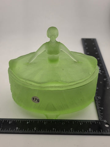 Antique Victorian Lady Uranium Vaseline Glass Trinket Powder Jar Box With Lid