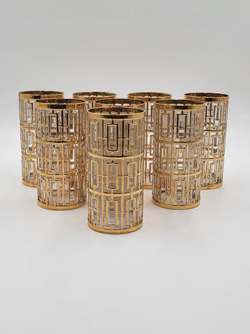 8 Vintage Mid Century Imperial Glass 22k Gold Shoji Trellis Highball Tumblers