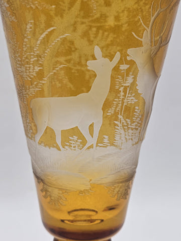 Rare Antique C1920's Bohemian Amber Cut to Clear Lidded Goblet Stag Forest Scene