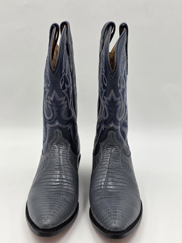Vtg Dan Post Genuine Lizard Cowboy Boots Mens 9M Blue Denim Gray Exotic Western