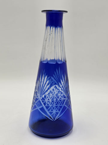 Bohemian Cobalt Cut to Clear Crystal Vase 10” Starburst Fan Pattern Vintage