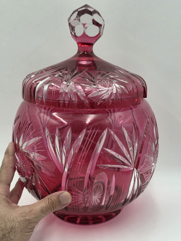Rare 1940's Vtg Bohemian Cranberry Cut to Clear Crystal Punch Bowl Set w/13 Cups