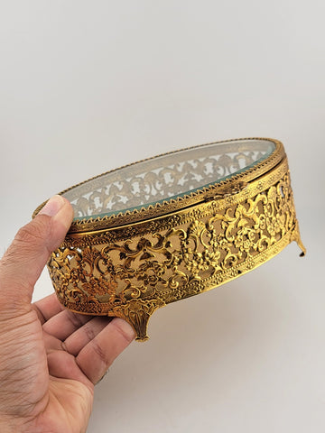 Vintage 1950s Hollywood Regency Ormolu Jewelry Casket Beveled Glass Filigree Box