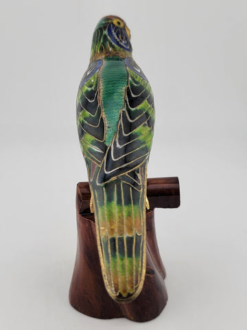 RARE BEAUTIFULLY COLORED CLOISONNE BIRD (PARAKEET) W WOODEN STAND. 7 Inch Wide.