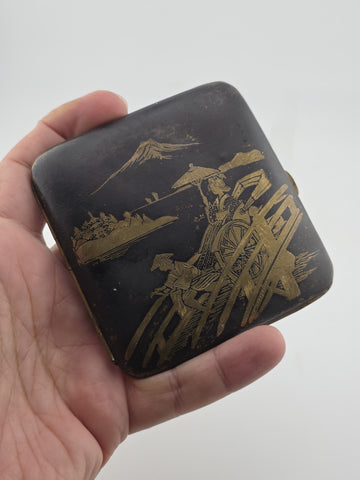 Rare Antique Japanese Maki-e Lacquer Cigarette Case Mt Fuji Rickshaw Scene Meiji
