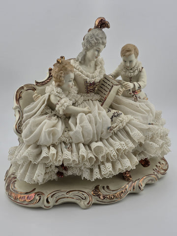 Large Dresden Art Germany Lace Porcelain Figurine Lady w Children W Sofa Reading