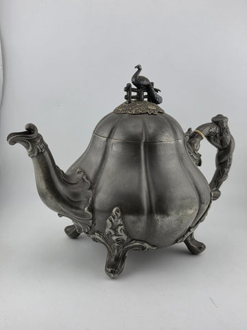 Rare Shaw & Fischer Sheffield Pewter Teapot Hinged Lid Snake Holding Fish Handle