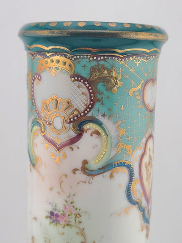 Antique 1920's OCO Japan Vase Turquoise Gold Floral Pedestal Spill Cabinet 9.5"