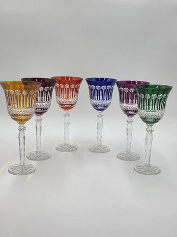 Gourgeous Set Of 6 Colorful Cut to Clear Crystal 8 3/4" Tall Hock Wine Glasses