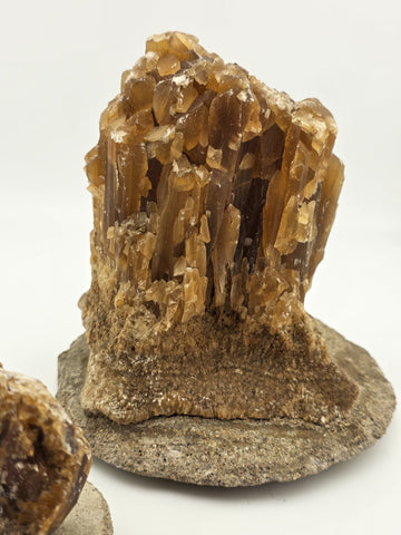 2 Natural Honey Brown Crystal Mineral Clusters Barite on Concrete Display Bases