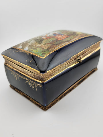 19 Century Germany Ornate Cobalt Blue Hand Painted 22K Gold Trinket/ Jewelry Box