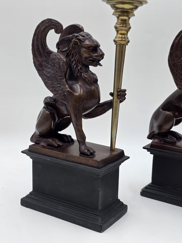 Rare Pair of Antique Late 19th C Heavy Bronze Griffin bookends/ Candleholders.