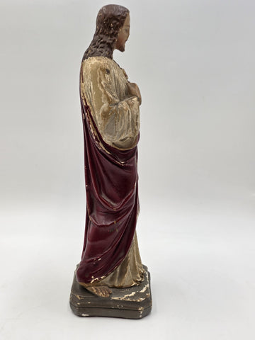 Antique 1930's Sacred Heart Jesus Chalkware Statue 13” Painted Religious Figure