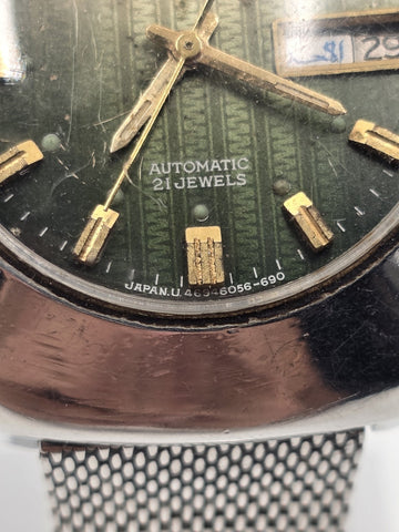 Vintage 1970s Orient Automatic 21J Green Dial Arabic Day Date Mens Watch. Works