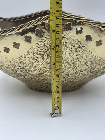 Large Antique Hand Hammered Brass Pierced Floral Bowl Jardiniere Rope Rim