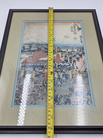 Framed Original 19thC Japanese Woodblock Print Kunisada Tokaido Nihonbashi Scene