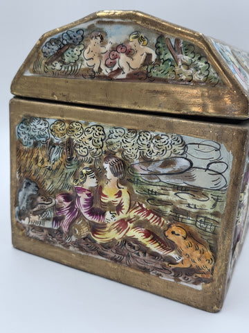 Rare Antique 19th C Large Capodimonte Gilded Porcelain Jewlery Box hand painted.