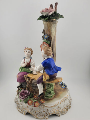 ANTIQUE 19th C DRESDEN VON SCHIERHOLZ BOY & GIRL ON SEESAW FIGURINE. 10.5 in.