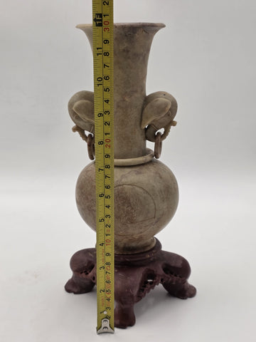 Antique Chinese Carved Hardstone Vase Elephant Ring Handles Stone Stand 12"