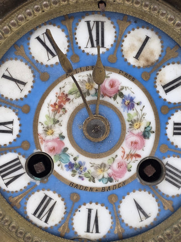 Private: 19th Century Brass & Porcelain Mantel Clock w Eight Day Movement. Works