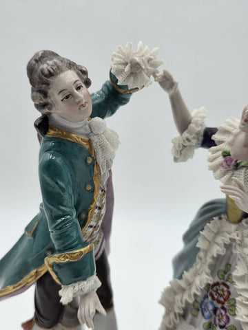 Vintage German Dresden Lace Porcelain Courting Couple Figurine Hand Painted 7.5"
