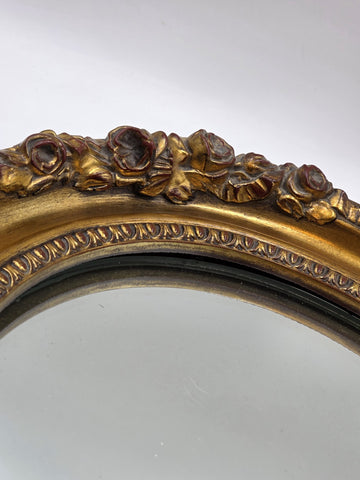 Antique Hand Carved Gilt Wood Oval Mirror Roses Floral Rococo 17” Wall Decor