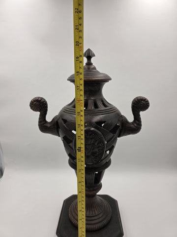 Antique Heavy Bronze Neoclassical Urn Ram Head Handles Pierced Vase Empire Style