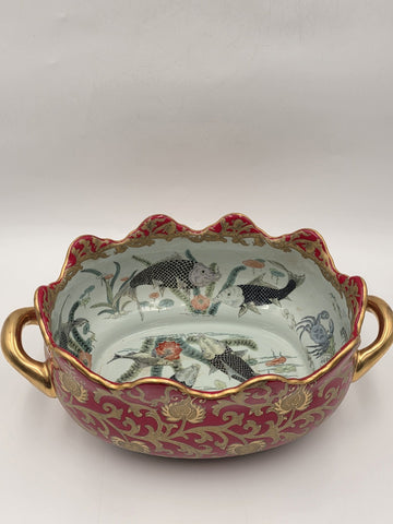 Antique XL Chinese handpainted Red porcelain 24kt gold Oval Footbath, Jardiniere