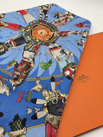 Rare Hermes Kachinas Scarf 90cm Silk Twill Hopi Design Blue Multicolor W Box.