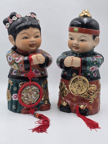 XL 15 inch Vintage Chinese Boy & Girl Prosperity Figurines Pair Good Luck Wealth