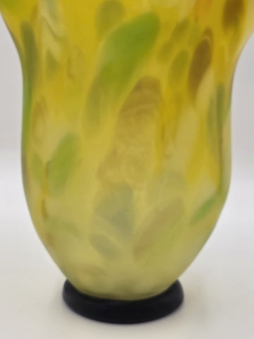 Vtg Azerbaijan Handblown Art Glass Vase Yellow Freeform Cobalt Rim Studio 11.5in