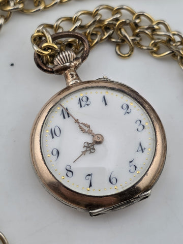 Antique 1890's Swiss Solid 800 Silver Pendant Pocket Watch Enamel Dial. Works.