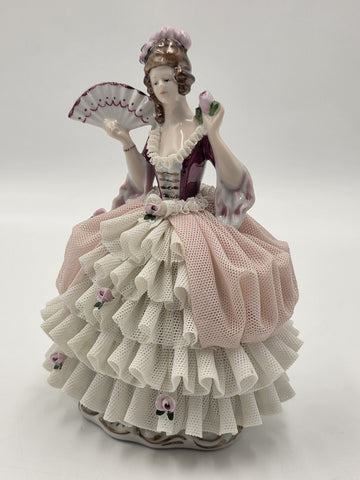 Vintage German Dresden Style Porcelain Lace Lady Figurine Fan Rose 7"