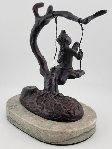 Antique Bronze Statue After Moreau Angel Swinging from Tree On A Marble Base.