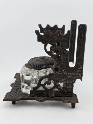 Antique TATUM'S Postal Ink Stand Cast Iron Glass Inkwell Quill & Envelope Holder