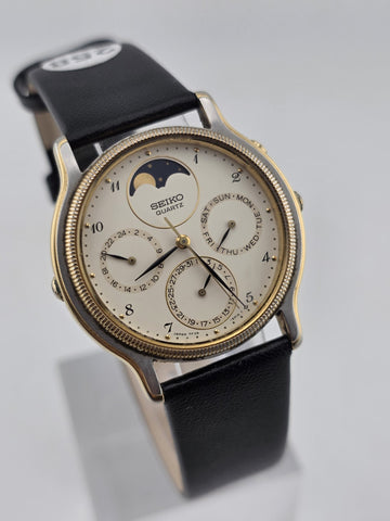 Vtg Seiko Chronograph Moon Phase White Dial Watch – 7F39-6029. Japan 1989 Works