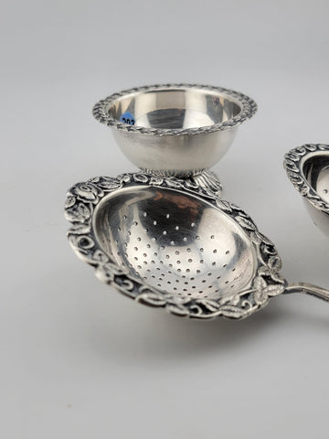 Rare Antique Silver 900 Dutch Loose Leaf Tea Strainers and Rest Dish Ornate