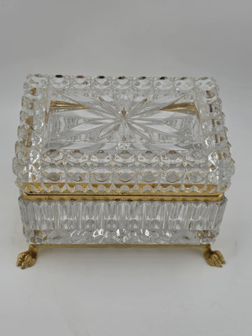 French Baccarat Style Jewelry Casket Footed Box Heavy Crystal Glass Hinged Lid
