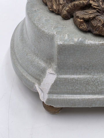 Vintage Celadon Cast Bronze Porcelain Birds Flowers Tree  Candle Holder Figurine