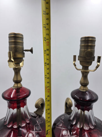 Pair Bohemian Ruby Red Crystal Lamp, Cut-to-Clear Czech Glass, Hollywood Regency