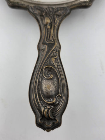 RARE ANTIQUE ART NOUVEAU SILVER PLATED HAND MIRROR REPOUSSE FLOWER DESIGN 1905