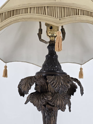 Antique Bronze Table Lamp with Palm Tree & Monkey, Beige Silk & Pleated Shade,