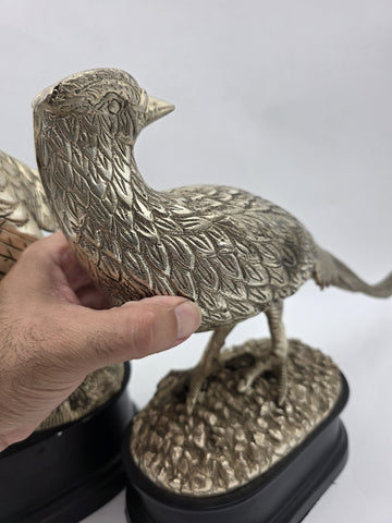 Vintage Pair XL Castilian Brass Pheasant Sculptures Cock Hen on Base 14 inch.