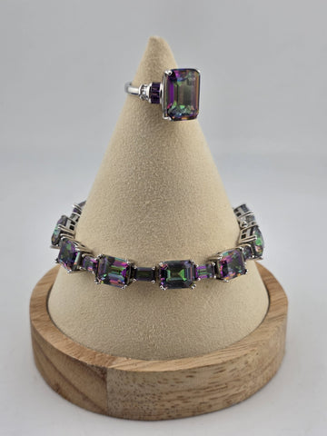 Mystic Topaz Rainbow Tennis Bracelet & Matching Ring. Sterling Silver 925.