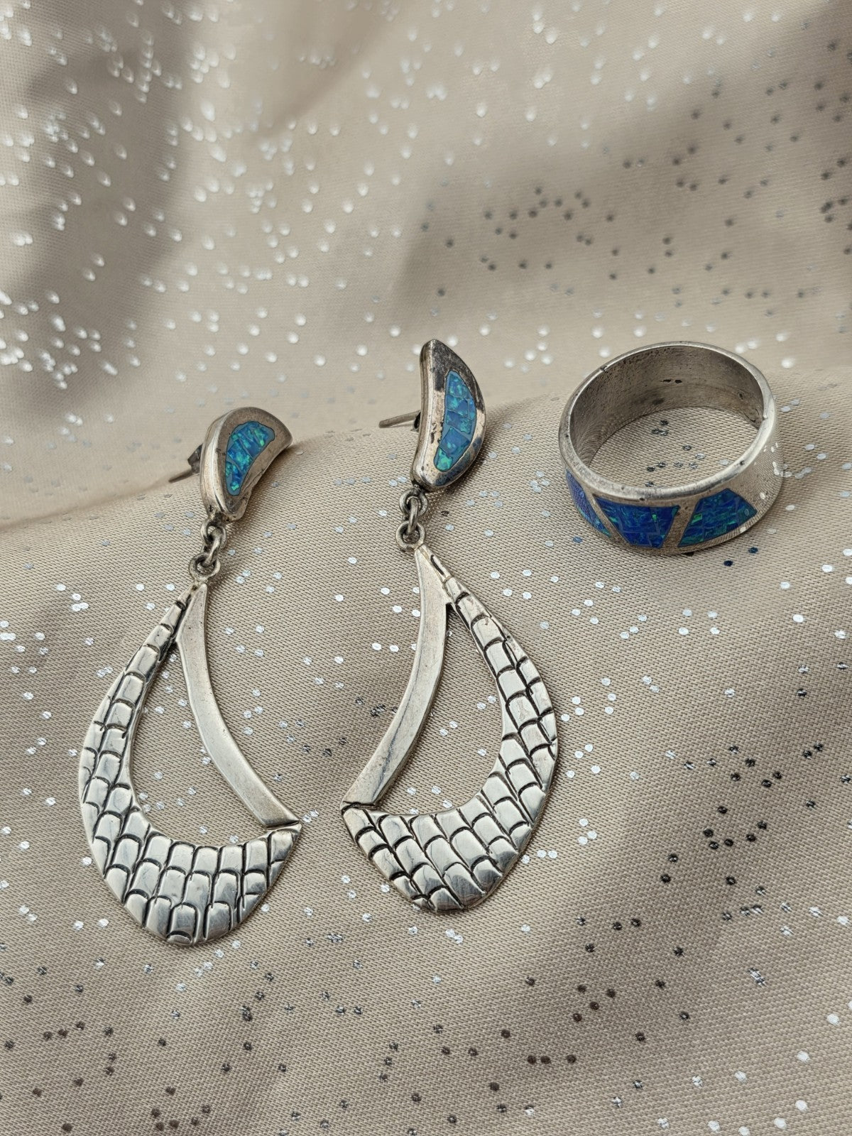 Cardenas Taxco Mexico 925 Sterling Silver Blue Opal Inlay Ring & Earrings Set