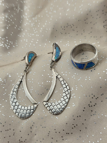 Cardenas Taxco Mexico 925 Sterling Silver Blue Opal Inlay Ring & Earrings Set