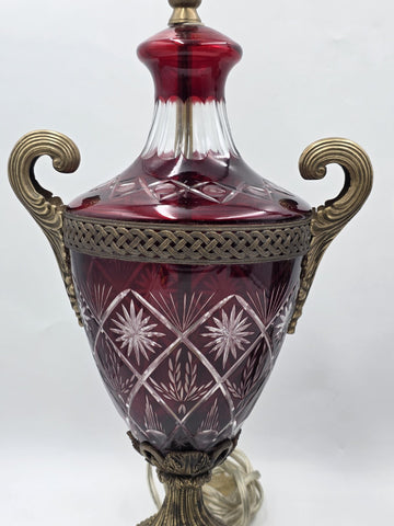 Pair Bohemian Ruby Red Crystal Lamp, Cut-to-Clear Czech Glass, Hollywood Regency