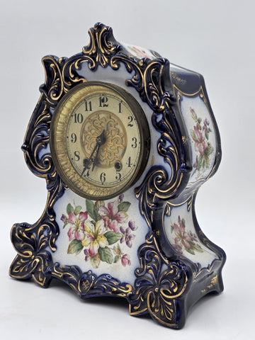 1889 WATERBURY Parlor No.98 Victorian Cobalt Blue Porcelain Ceramic Mantel Clock