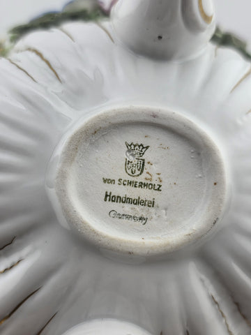 Antique Von Schierholz German Oval Reticulated Footed Bowl Lid & Figured Cherub